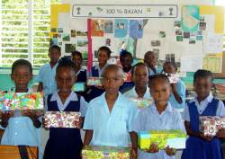 Seen here Half Moon Primary School children in Barbados with their boxes packed ready for shipping to Haiti. 