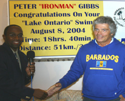 Barbadian swimmer, Peter Gibbs swam Lake Ontario