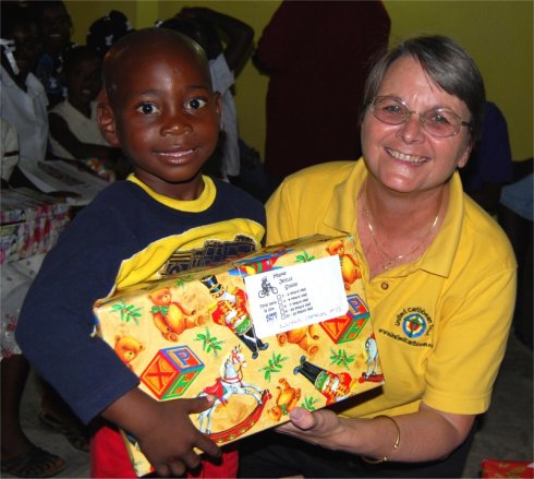 United Caribbean Trust founder Jenny Tryhane in Haiti with the Make Jesus Smile shoebox project