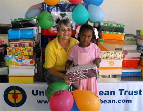 United Caribbean Trust founder Jenny Tryhane in Haiti with the Make Jesus Smile shoebox project