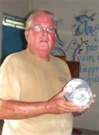 Phil Edwards from the Living Room distributing the Luci Solar Lights dontated 
 by Sandy Lane Hotel in Barbados