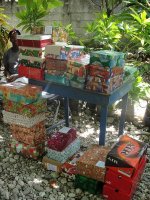 These Make Jesus Smile shoeboxes were beautrifully wrapped and packed by children in Barbados