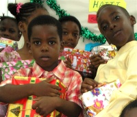 Abundant Life Assembly Sunday School with shoe boxes packed for the children of Haiti.