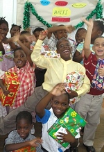 Abundant Life Assembly Sunday School with shoe boxes packed for the children of Haiti.