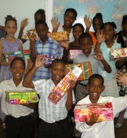 Abundant Life Assembly Sunday School with shoe boxes packed for the children of Haiti.