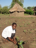 Pastor Paul planted a tree on the donated land which is opposite his property in Bugiri