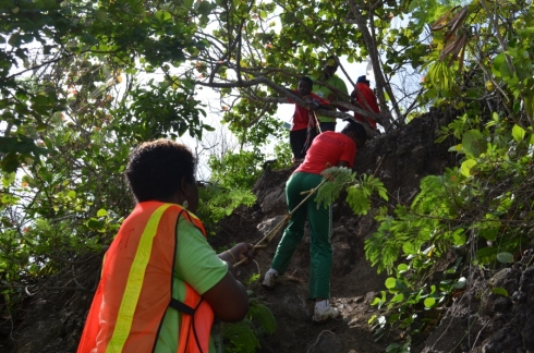 Climbing down to the railway line